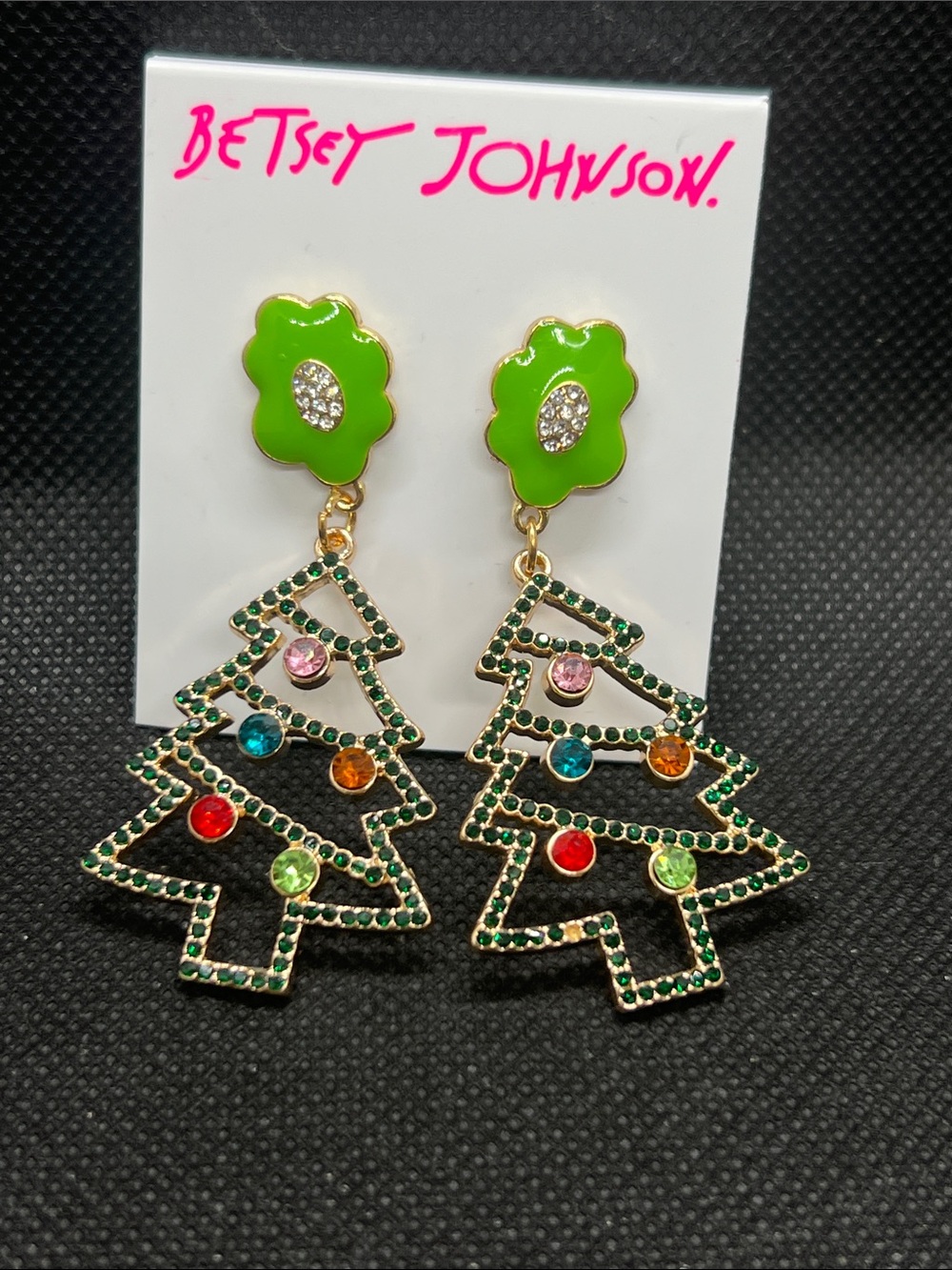 Betsey Johnson Green Enamel & Multicolor Crystal Christmas Tree Drop Earrings
